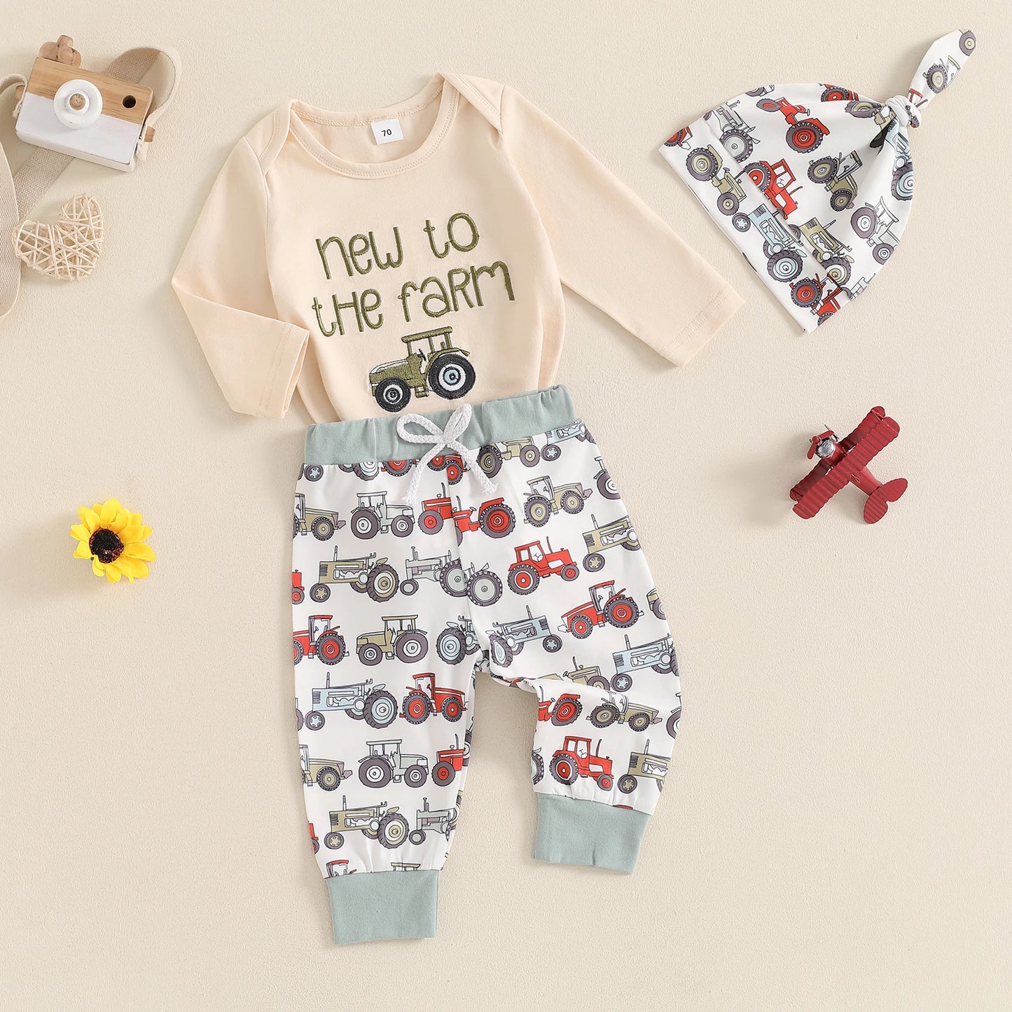 0-18M Newborn Baby Boys 3-Piece Clothing Set - Long Sleeve Romper with Tractor Pants and Hat