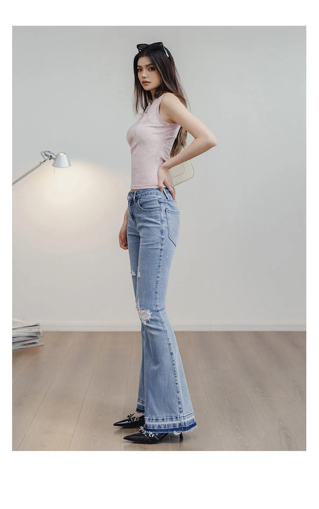 Women's Ripped Bell-Bottom Flare Jeans | 9oz Cotton Denim | Vintage High Street | Light Blue