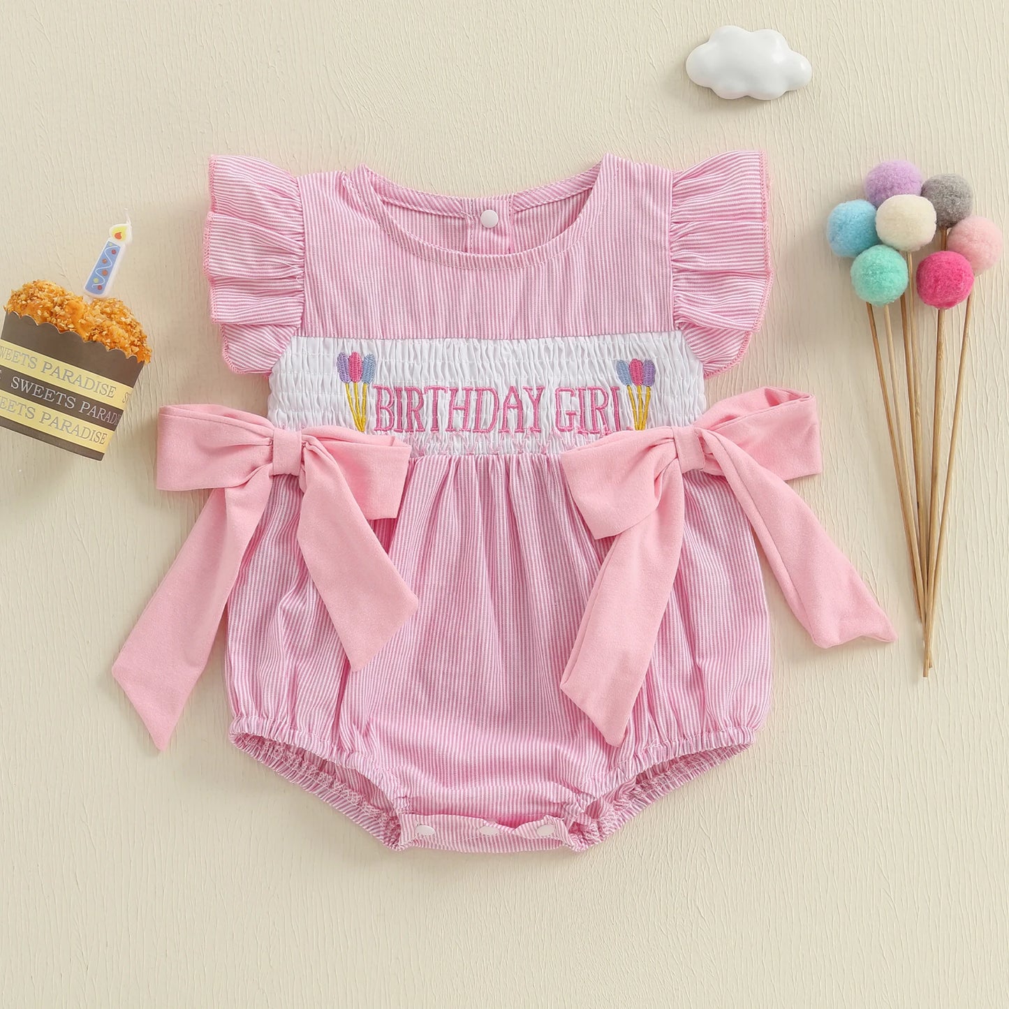 Baby Girls Birthday Romper - Striped Print Letter Embroidery Ruffled Jumpsuit