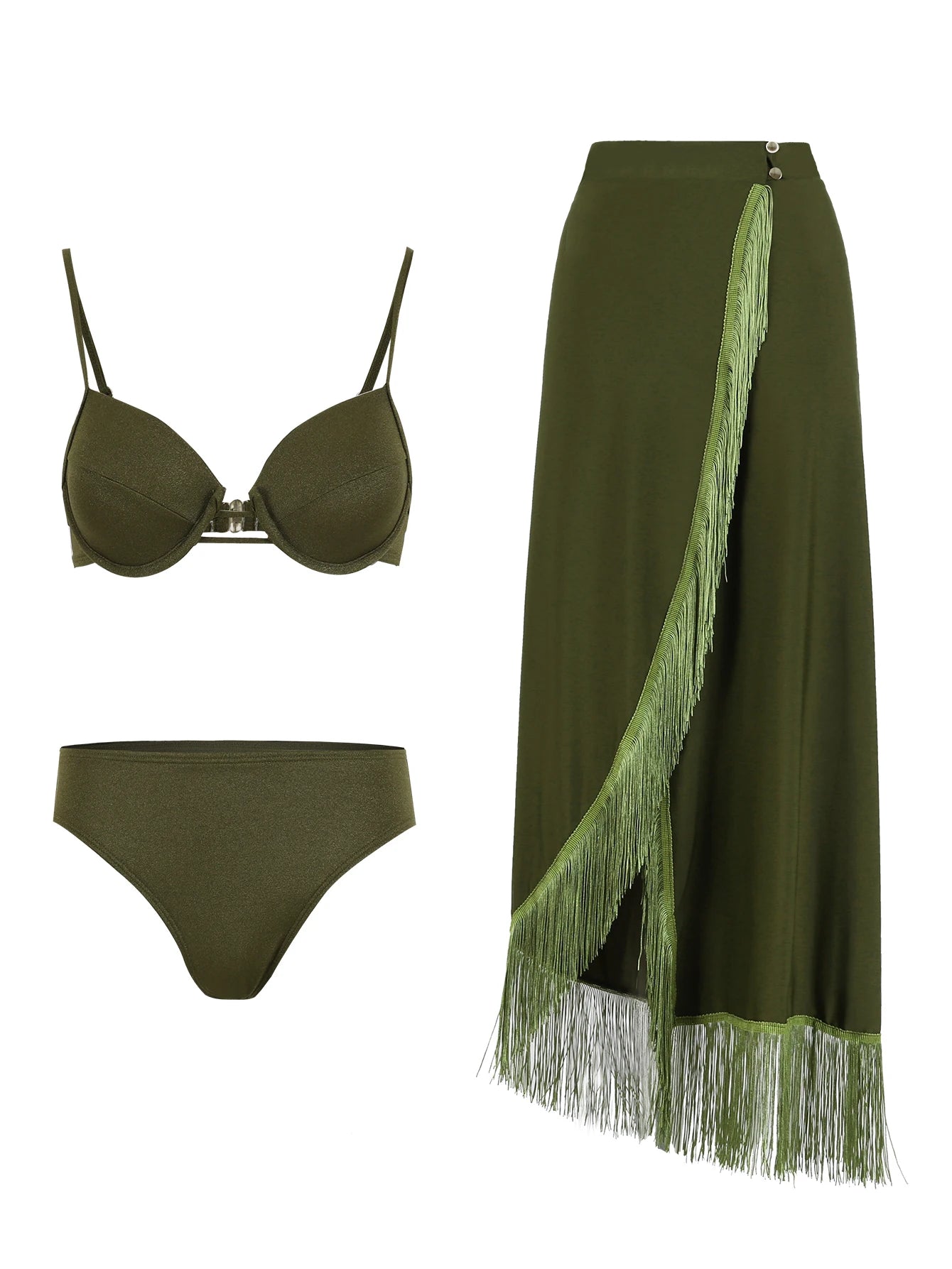 Women's 3-Piece Solid Bikini Set - Padded Bra, Tassel High Waist & Beach Skirt