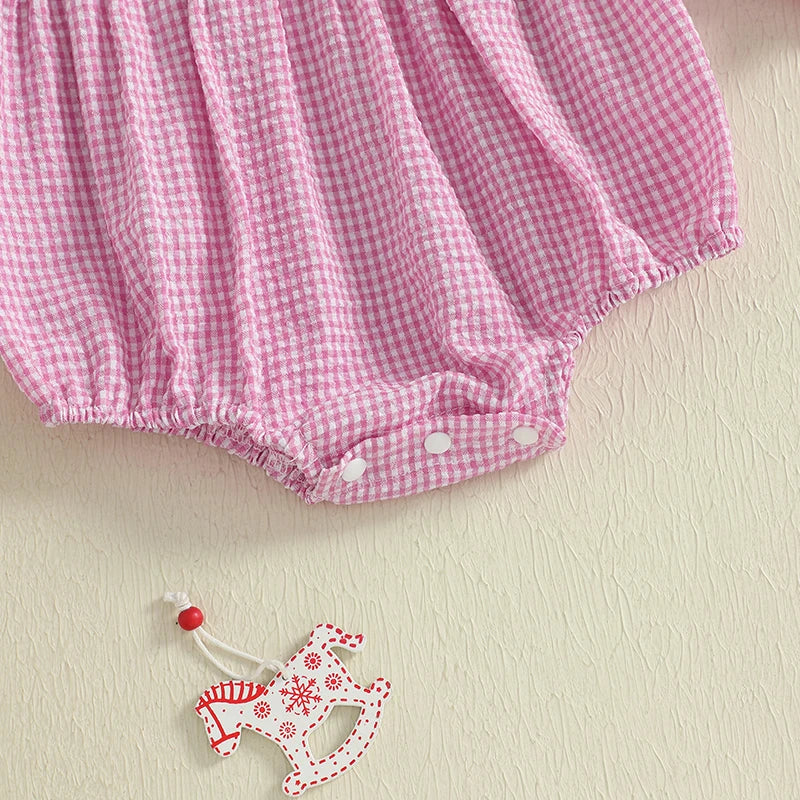 Baby Plaid Print Romper - Long Sleeve Bow Embroidery Doll Collar Jumpsuit
