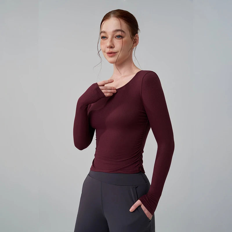 Ribbed Gym Top - Long Sleeve Drape Sides Yoga Shirt with Dry Fit