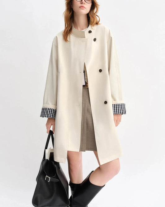 Stand Collar Trench Coat - Plaid Patchwork Relaxed Fit Windbreaker