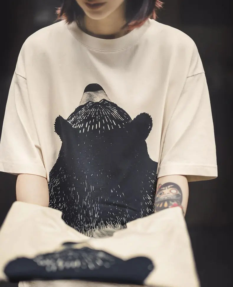 Women's Apricot Bear Print Oversized T-Shirt - Cute Loose Fit Ribbed Crew Neck Summer Tee