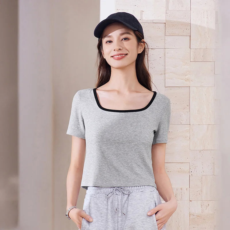 Women's Square Neck Short-Sleeved Slim Fit Top - Versatile Layering Piece
