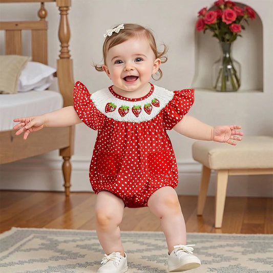 Baby Girls Strawberry Embroidery Polka Dot Romper - Smocked Ruffle Sleeve Jumpsuit (0-24M)
