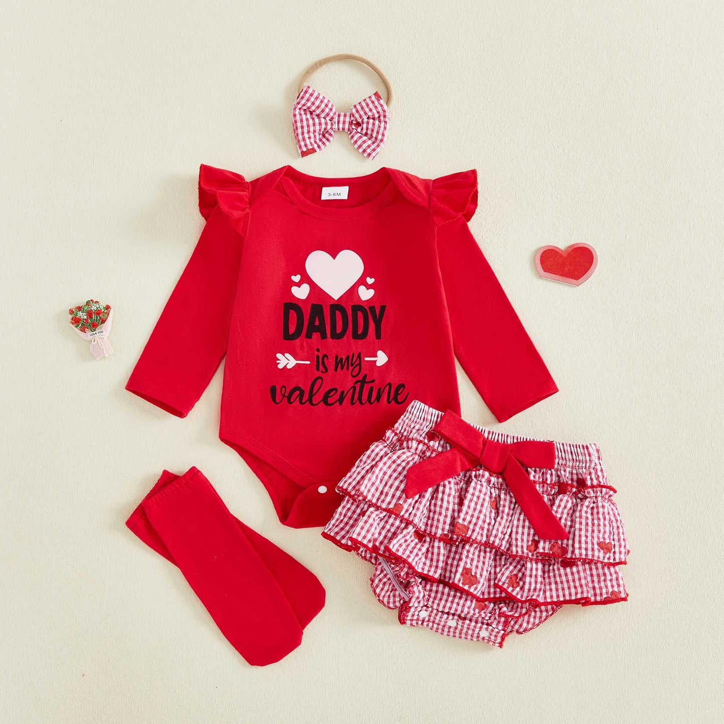Baby Valentine's Day 4-Piece Outfit Set - Romper, Skirt, Leg Warmers & Headband