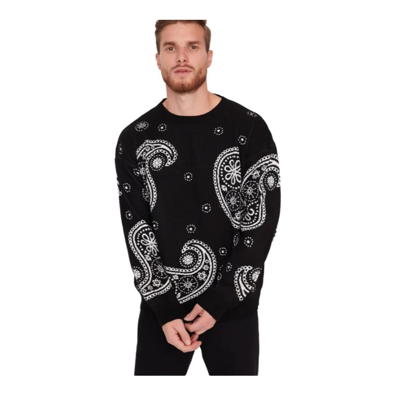 Men's Pullover Oversize Standard Sleeve Paisley Crew Neck Knitwear Unprinted Sweater