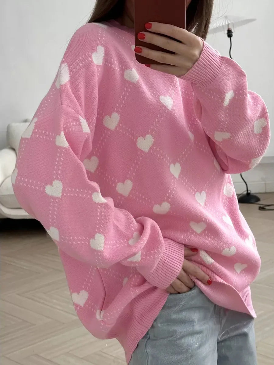 Women's Love  Heart Printed  Round-neck Pullover Sweater