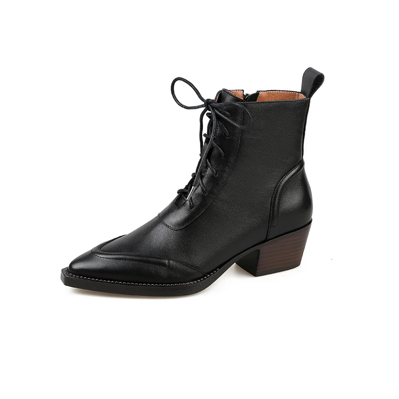 Women's Ankle Lace-up Genuine Leather Thick High Heels  Boots