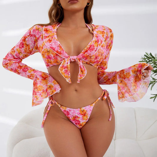 3 Pieces Set Women Floral Thong Swimwear Strings Bikini Set With Long Sleeve Cover Up Beachwear