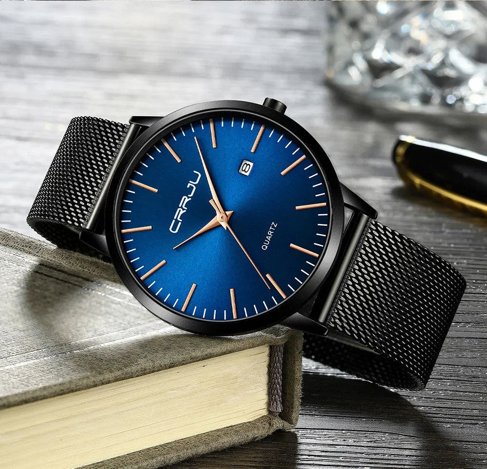 Ultra Slim Stainless Steel Watch - 40mm Mesh Strap Men's Automatic Wristwatch