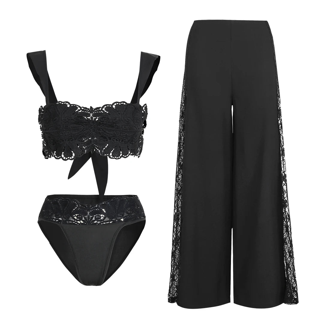 Women's Strapless Tie-Flower Crop Top & High Waist Wide Leg Trousers Set