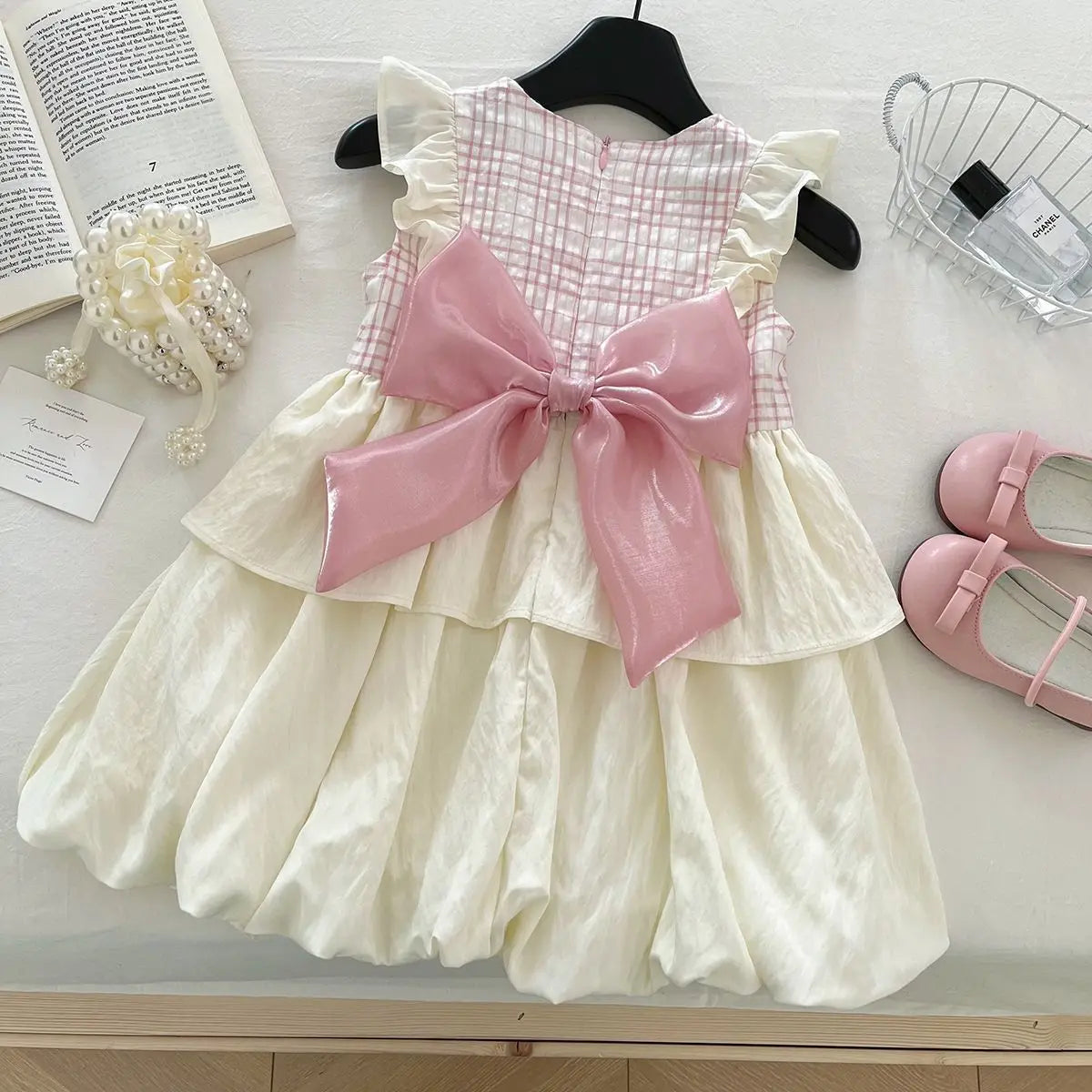 Girl's Summer Round Neck Flying Sleeve Bow Grid Splicing Dress 3-6 years