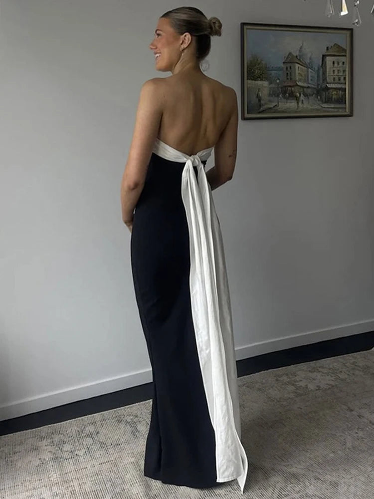 Women's Backless Bows Strapless Contrast Ribbon Long Dress Elegant Female Bodycon Gown Clothes