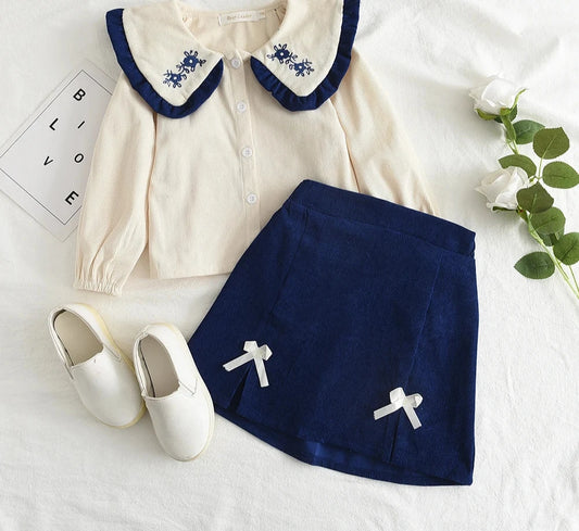 Girl's Long Sleeve Half Doll Neck Shirt Top and Bow Skirt Two Piece Set