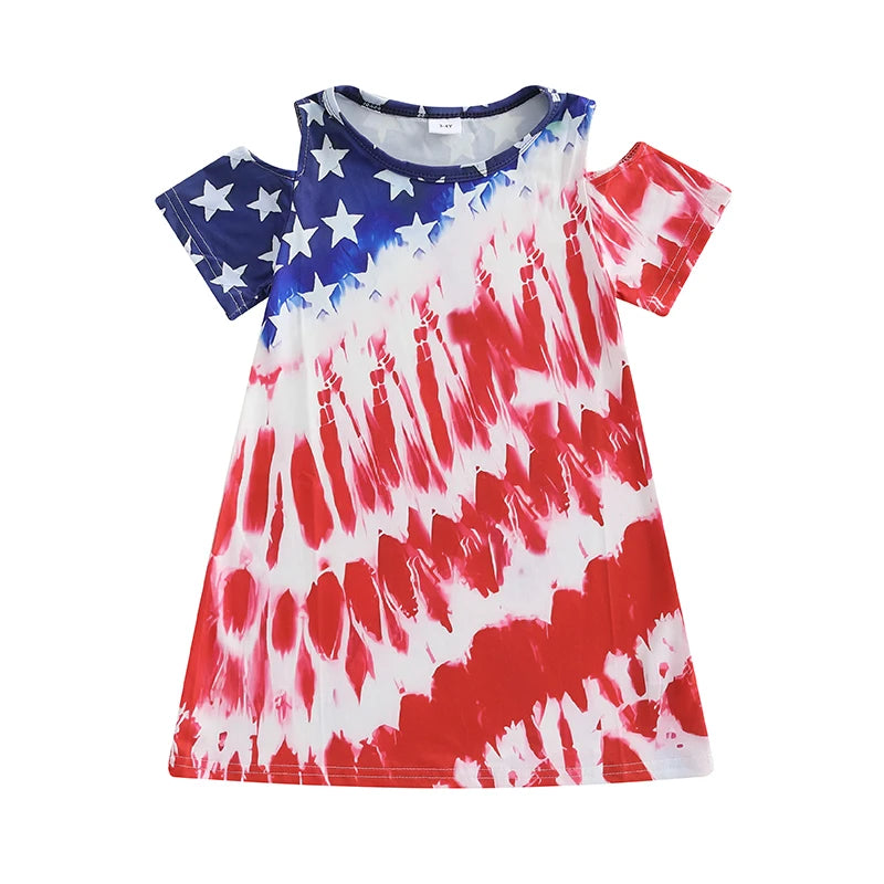 1-8Y  Kids Girls USA Flag Star Tie-Dye Print Short Sleeve Casual Summer Dress