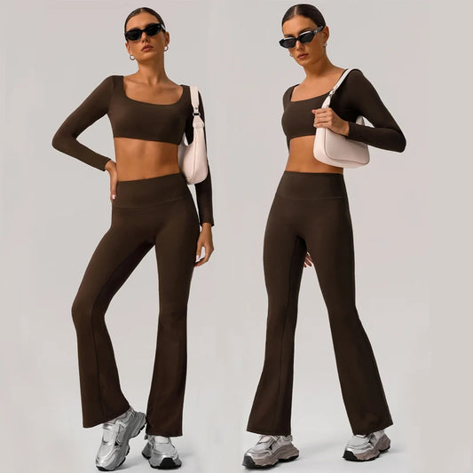 Women's Two Pieces Fitness Yoga Set Solid Colour Long Sleeve Gym Suit Breathable Quick Dry Running Sportswear Outfit