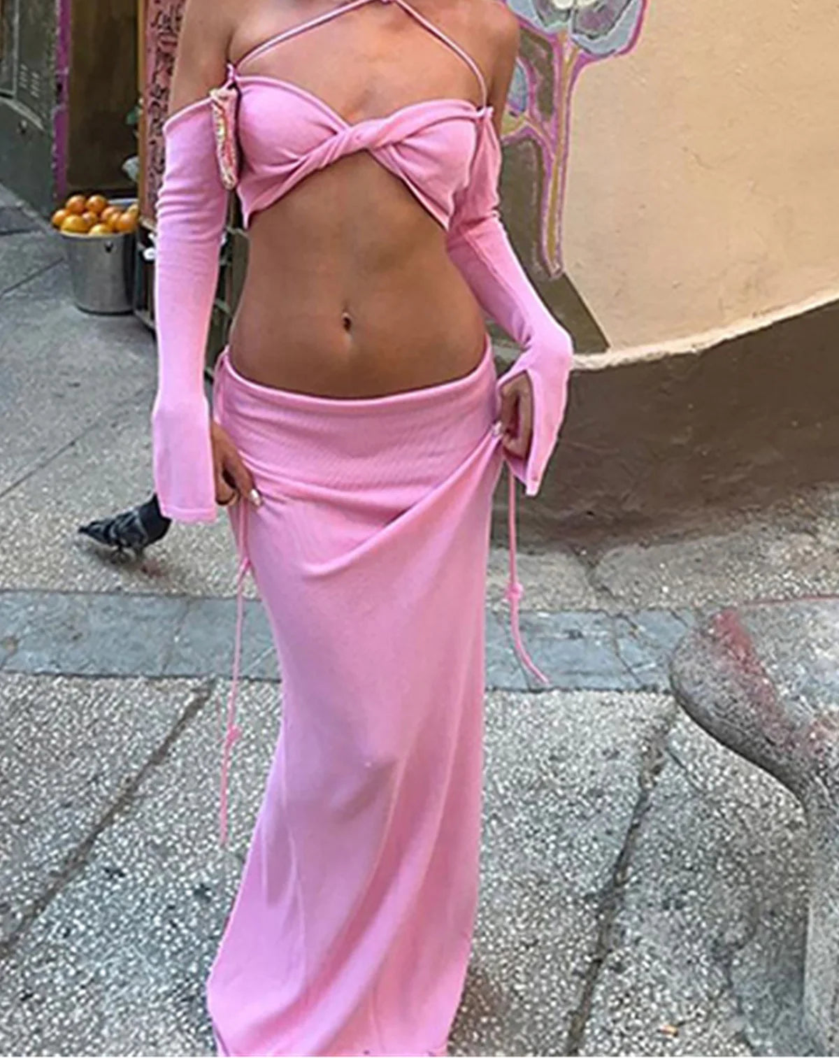 Knit Halter Tube Top & Slit Maxi Skirt Two-Piece Set