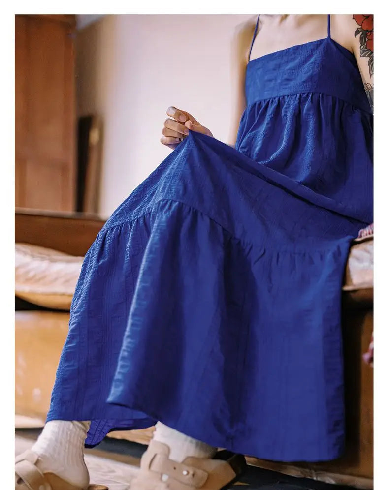 Women's Blue Seersucker Sleeveless A-Line Beach Dress - Summer Vacation Strappy Slip Dress