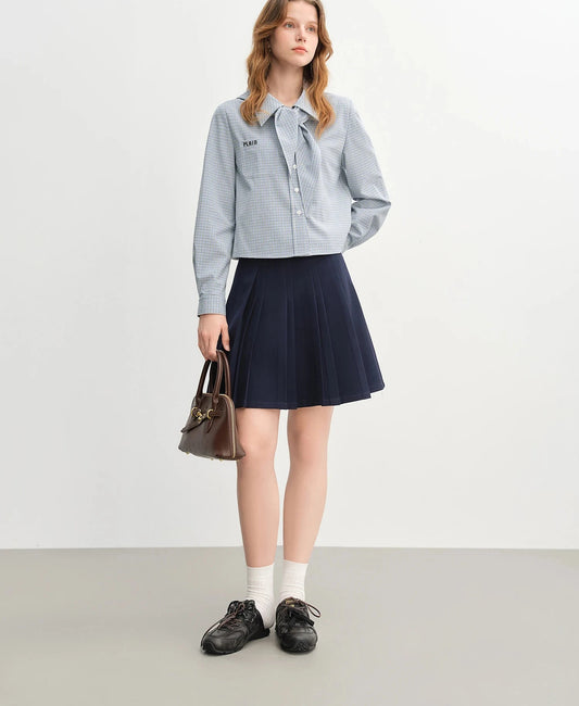 Blue Plaid Shirt & Navy Skirt Set - Long Sleeve Two-Piece