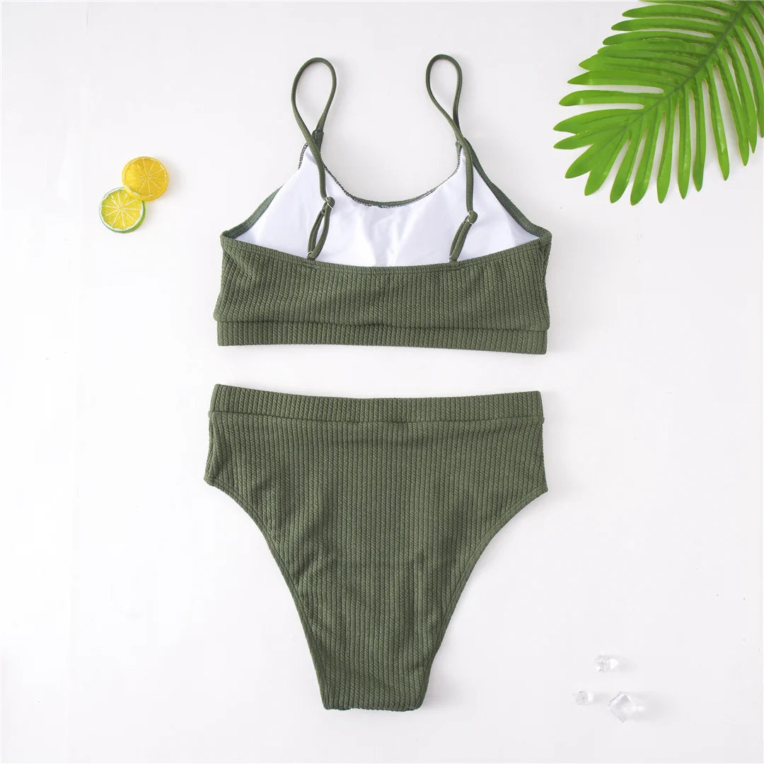 Ribbed Bikini Set - High Waist Two Piece Swimsuit