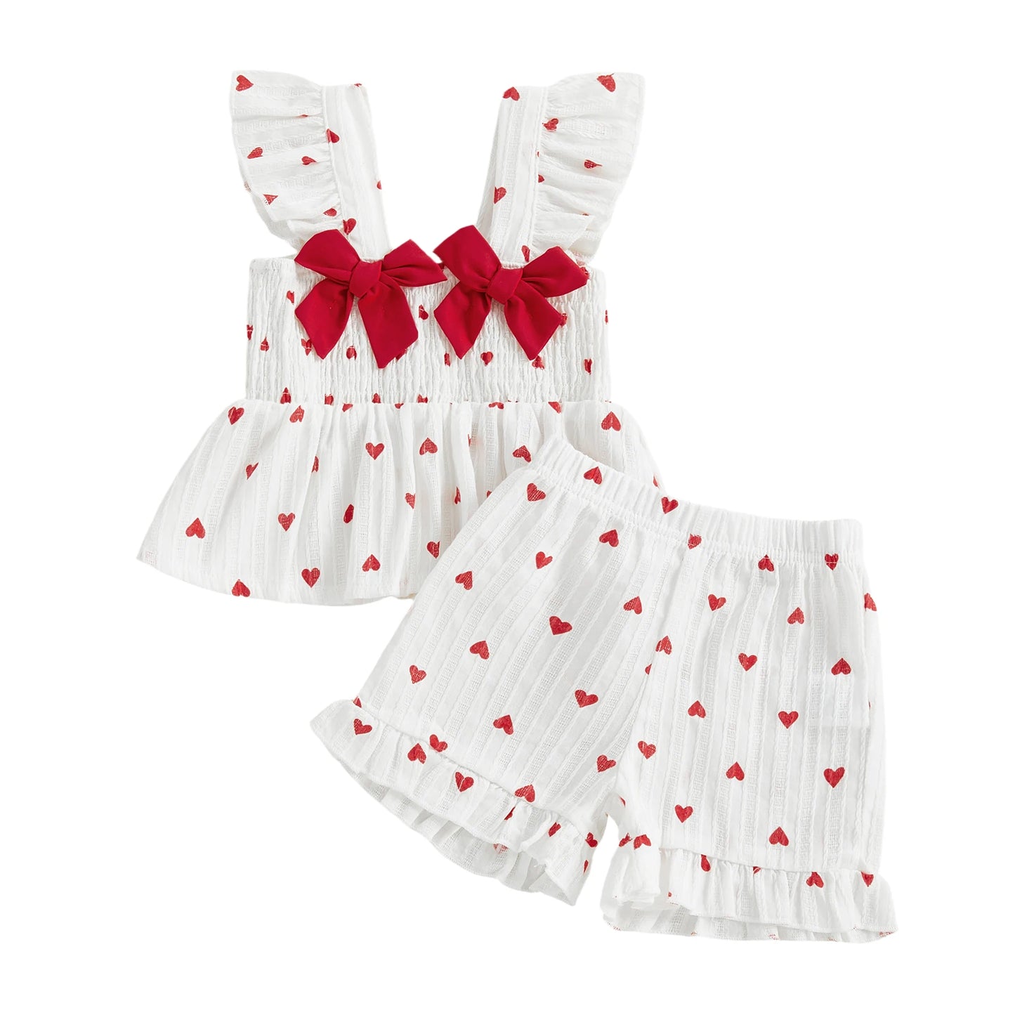 Toddler Girls Valentine's Day Ruffle Shoulder Strap Heart Print Top and Shorts Set