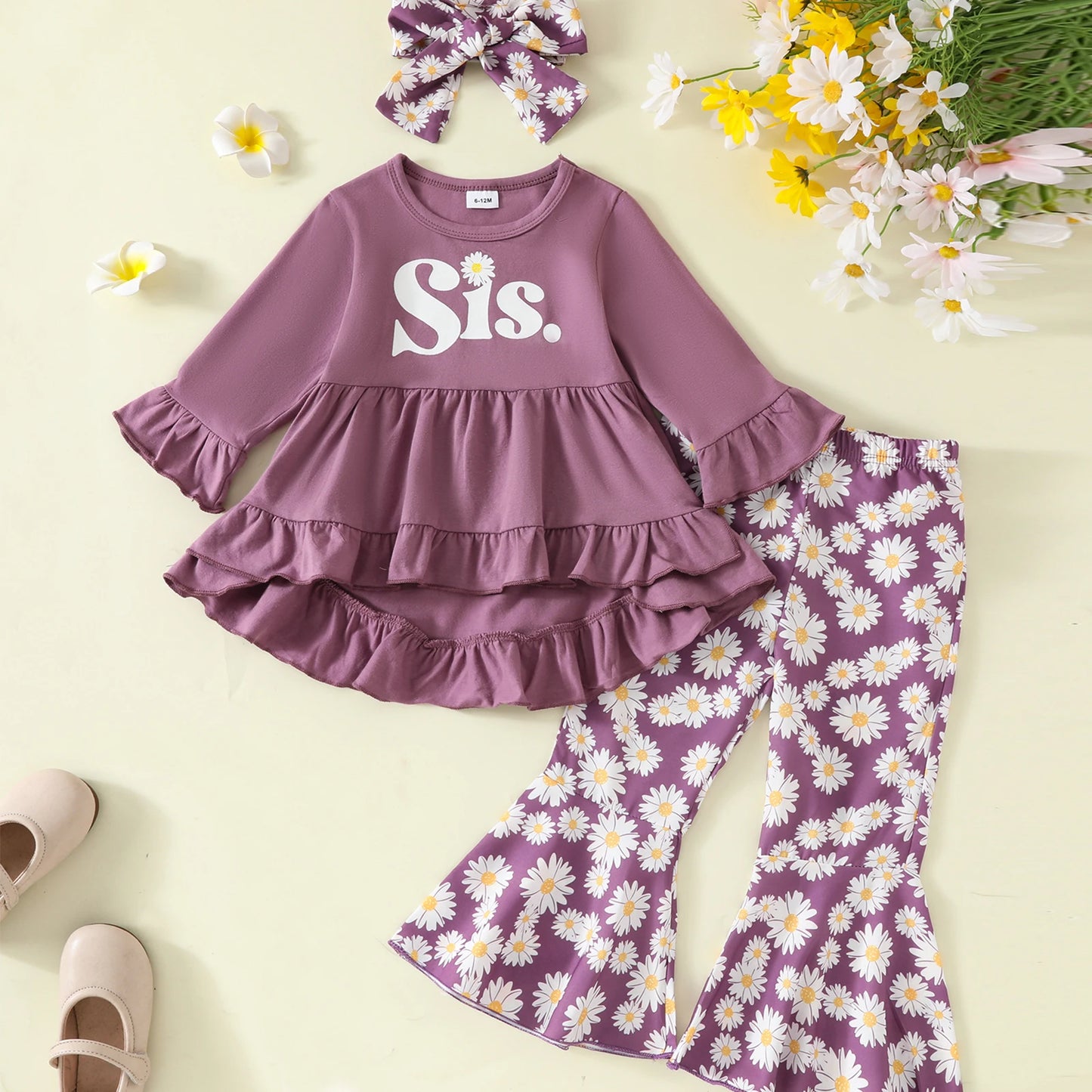 0-4Y Girls Letter Print Long Sleeve Ruffled Dress Tops Sunflowers Flare Pants and Headband