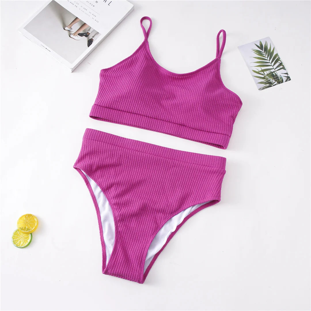 Ribbed Bikini Set - High Waist Two Piece Swimsuit