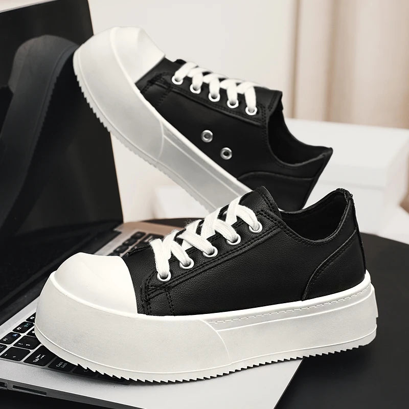 Men's Leather Platform Sneakers - Vulcanized Tennis Sports Shoes