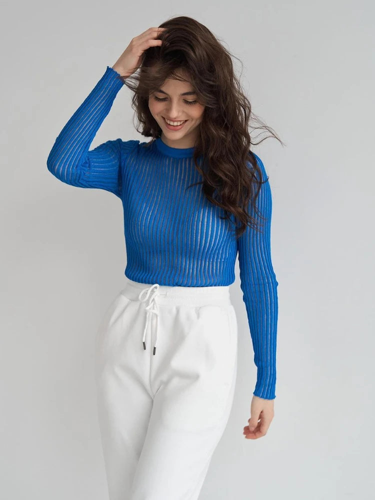 Women's Striped See Through Long Sleeve Top