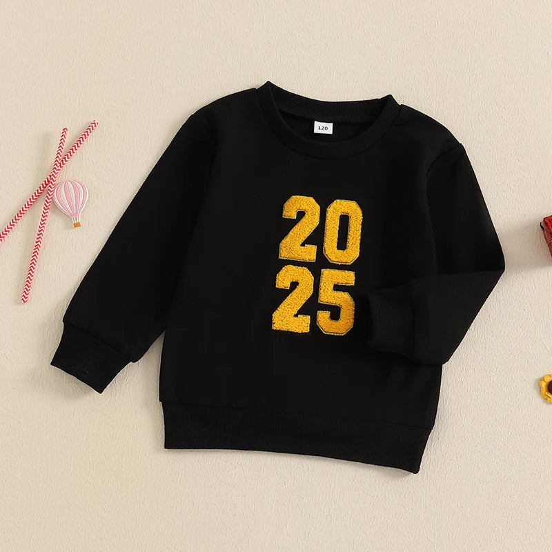 1-6Y Toddler Kids Boys Girls New Year Sweatshirt - Long Sleeve Crew Neck Letter Embroidery Pullover Top