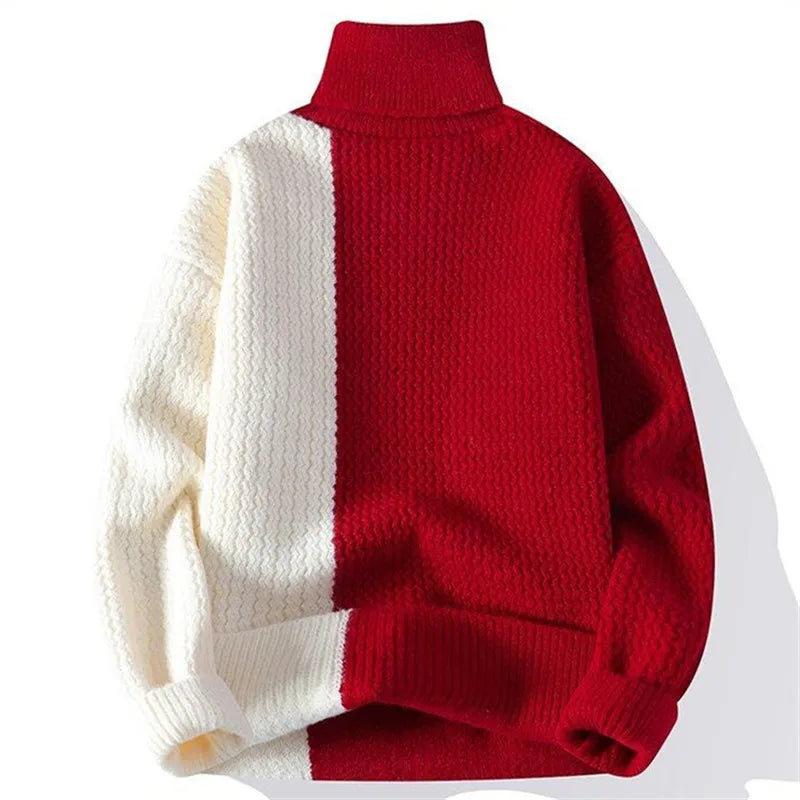 Men's Knitted Turtleneck Sweater - Patchwork Casual Pullover