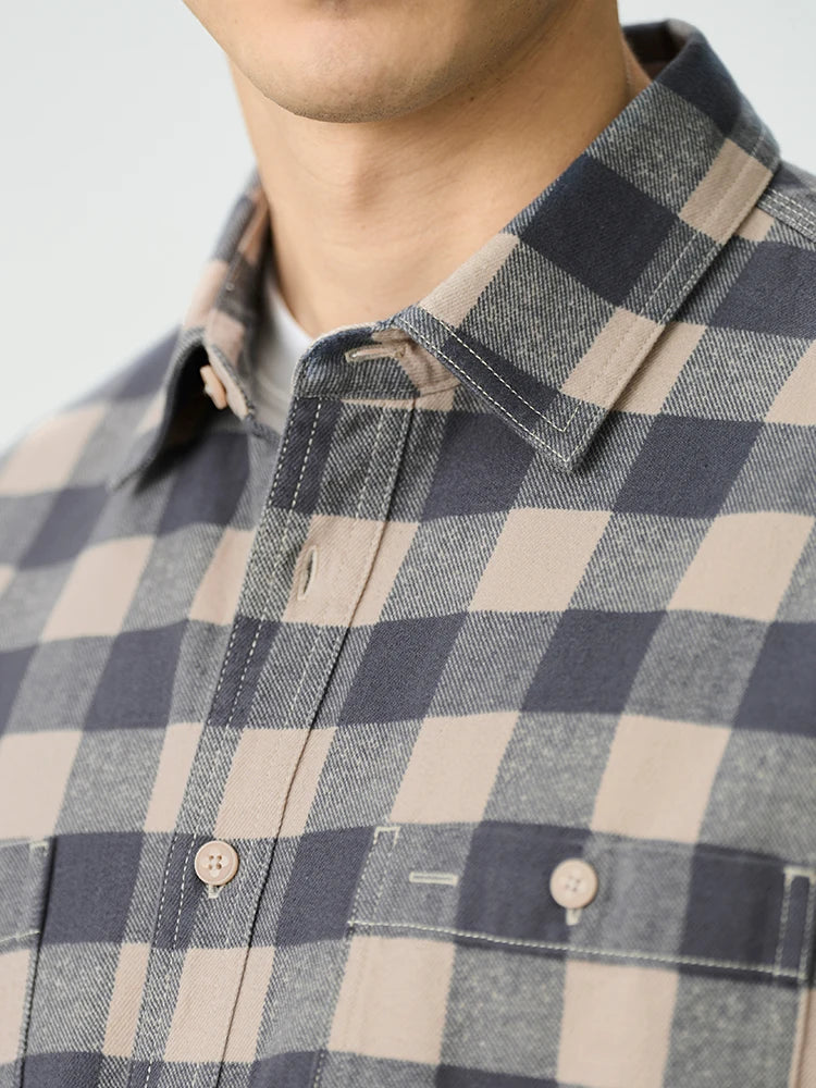 Men's Loose Plaid 8oz Washed Vintage Fabric Casual Check Shirt