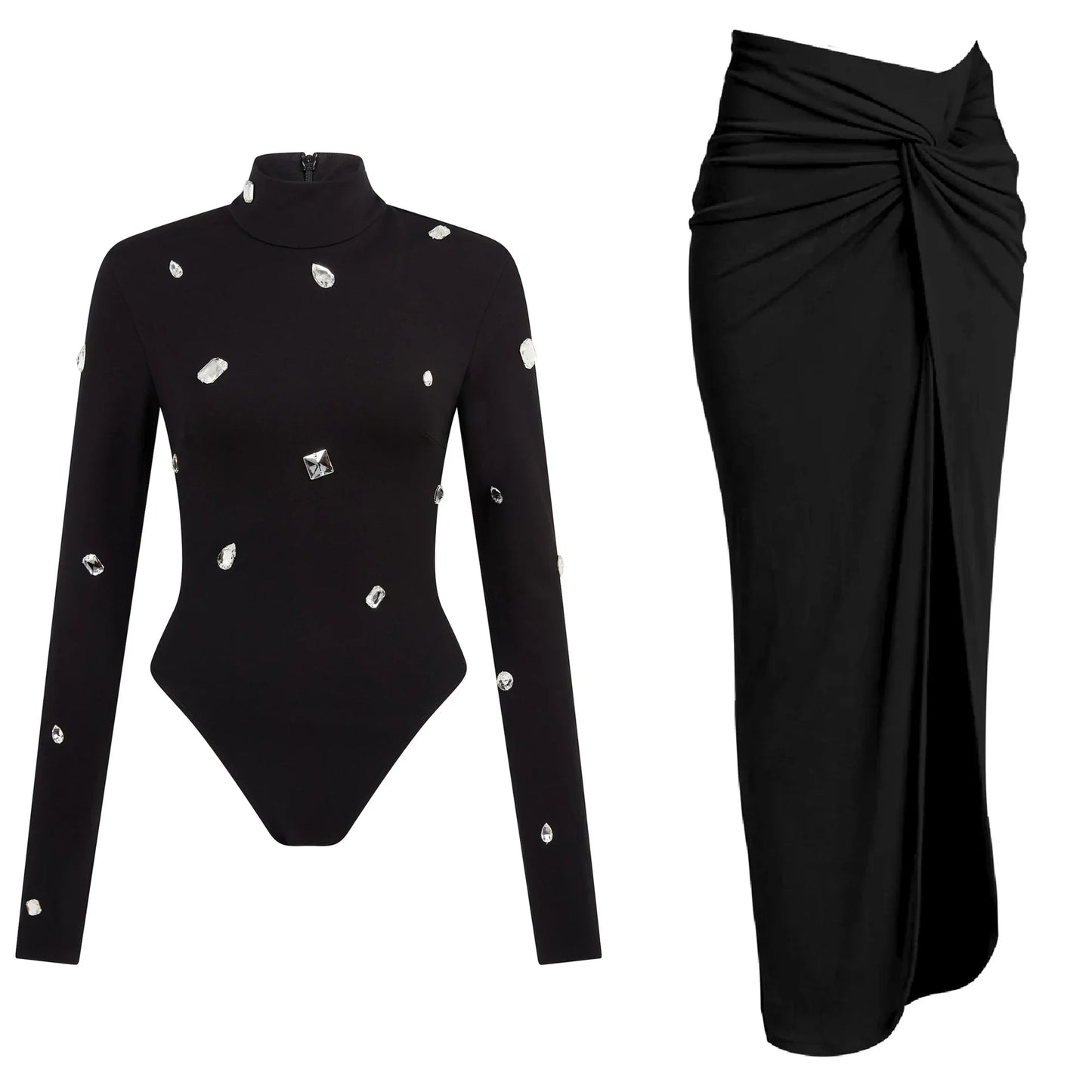 Women's 3-Piece Rhinestone Swimwear Set - Long Sleeve with Slit Skirt