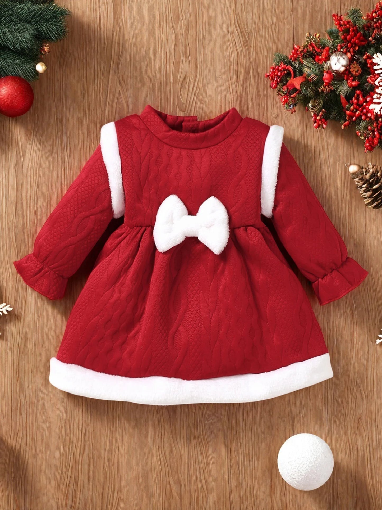 Baby Girls Christmas Dress - Long Sleeve Bow Patchwork Winter Party Dress