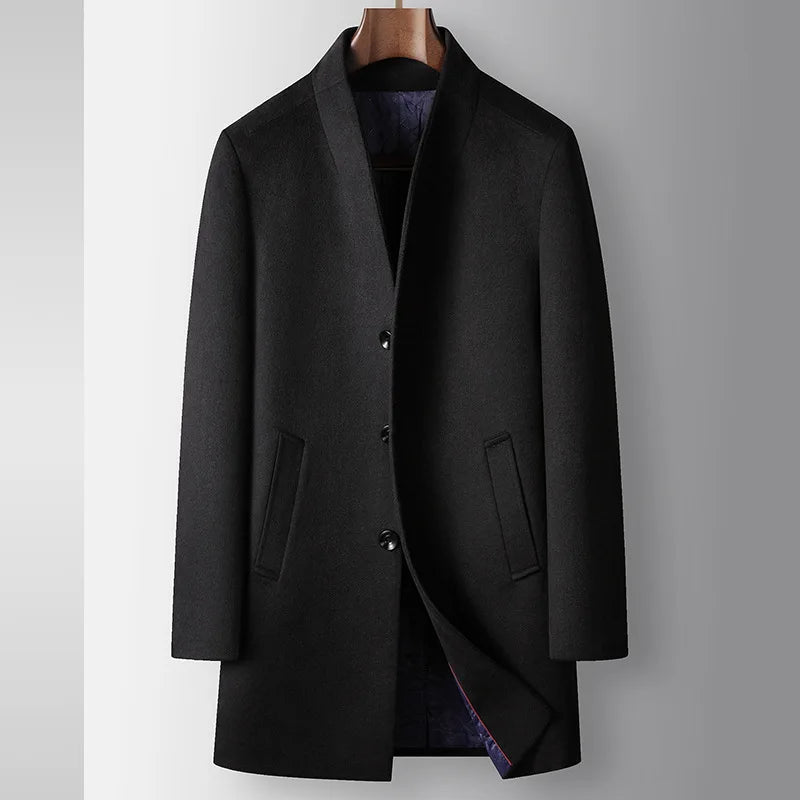 Men's Stand Collar Woollen Coat - Smart Casual Long Wool Blend Trench for Autumn Winter