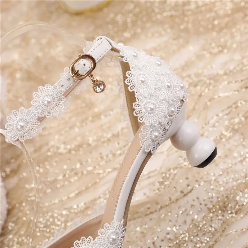 Women's 5cm Round Heel Shaped Heel Pearl Sandals