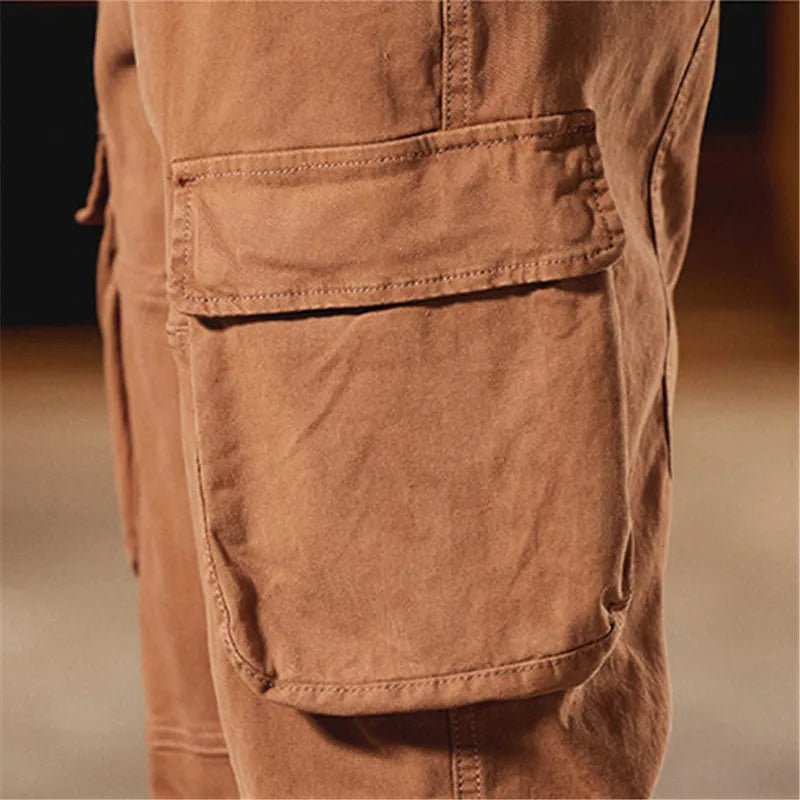 Men's Cargo Multi Pockets  Vintage Full Length 97% Cotton 3% Spandex Trousers