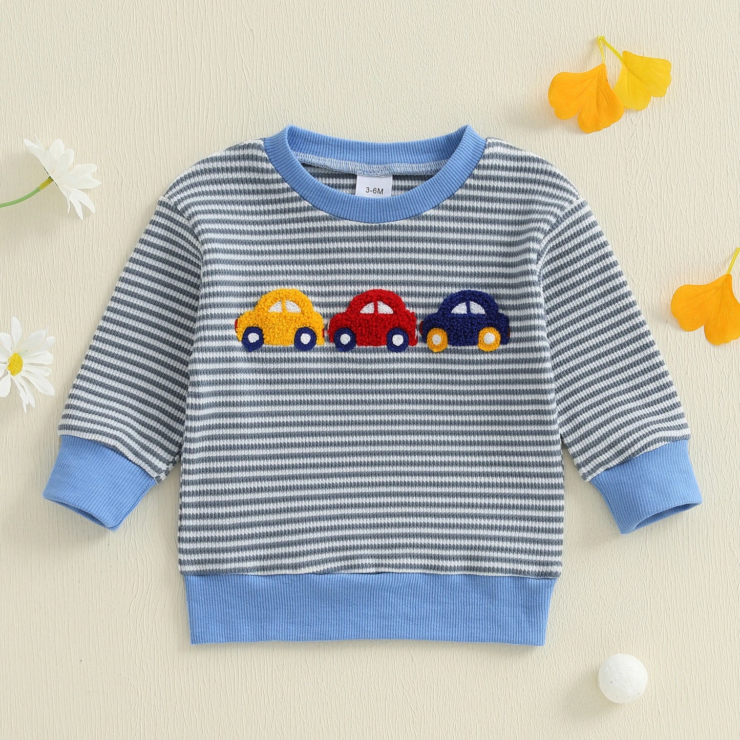 Baby Boys Car/Dinosaur Embroidered Striped Print Pullover Waffle Knit Top