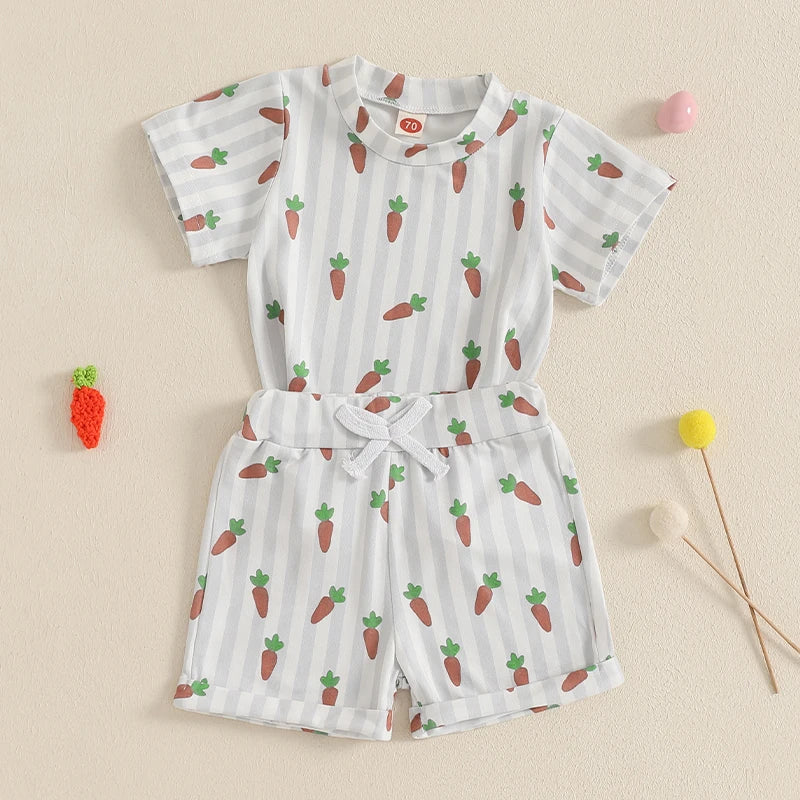 Infant Baby Boys Easter Clothes Set - Carrot Stripe Print T-Shirt & Shorts 2pcs