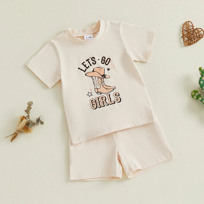0-4Y Kids Girls Clothes Set Short Sleeve Crew Neck Letters Boots Print T-shirt with Shorts