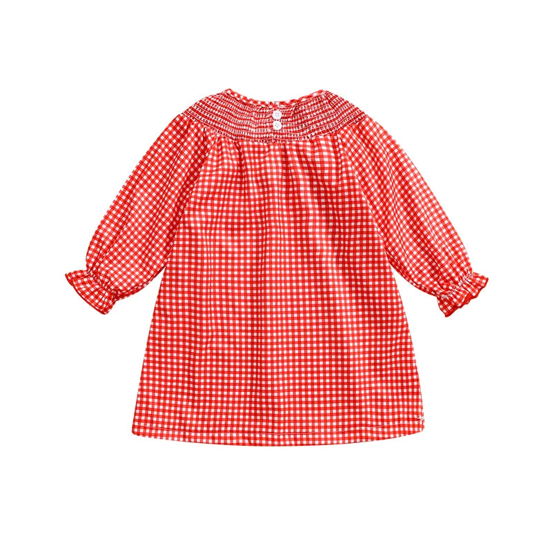 Christmas Santa Embroidery Plaid A-Line Dress - Girls Long Sleeve Festive Dress