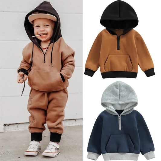 0-3Y Toddler Baby Boys Contrast Colour Long Sleeved Half Zipper Thick Warm Pocket Hoodie