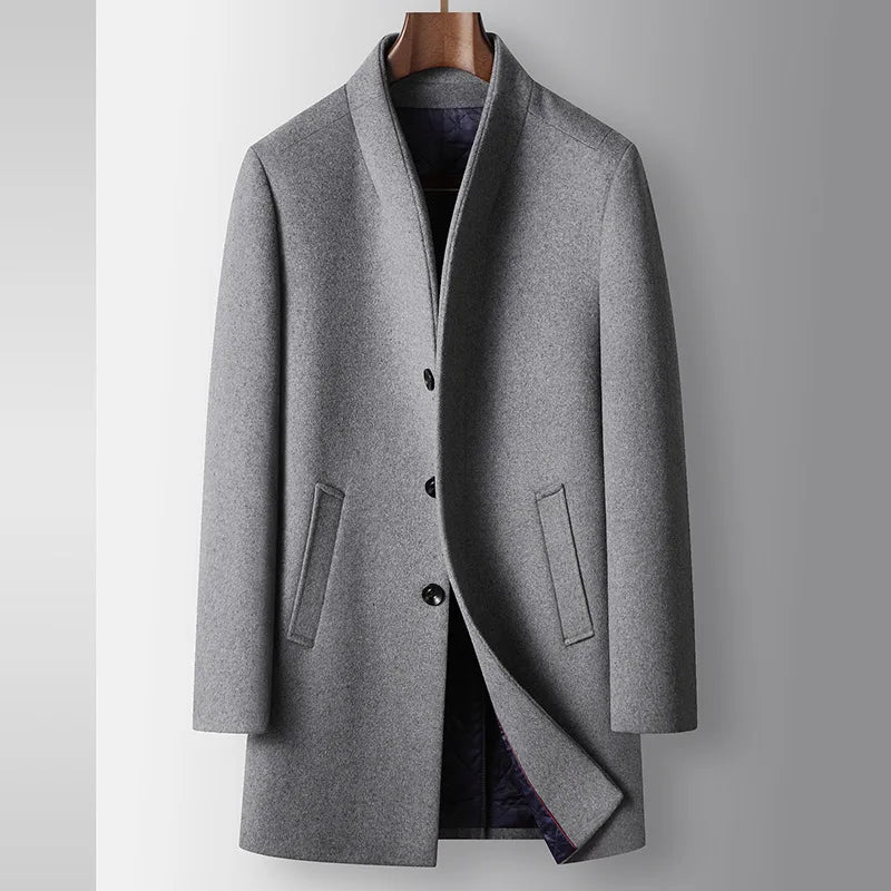 Men's Stand Collar Woollen Coat - Smart Casual Long Wool Blend Trench for Autumn Winter