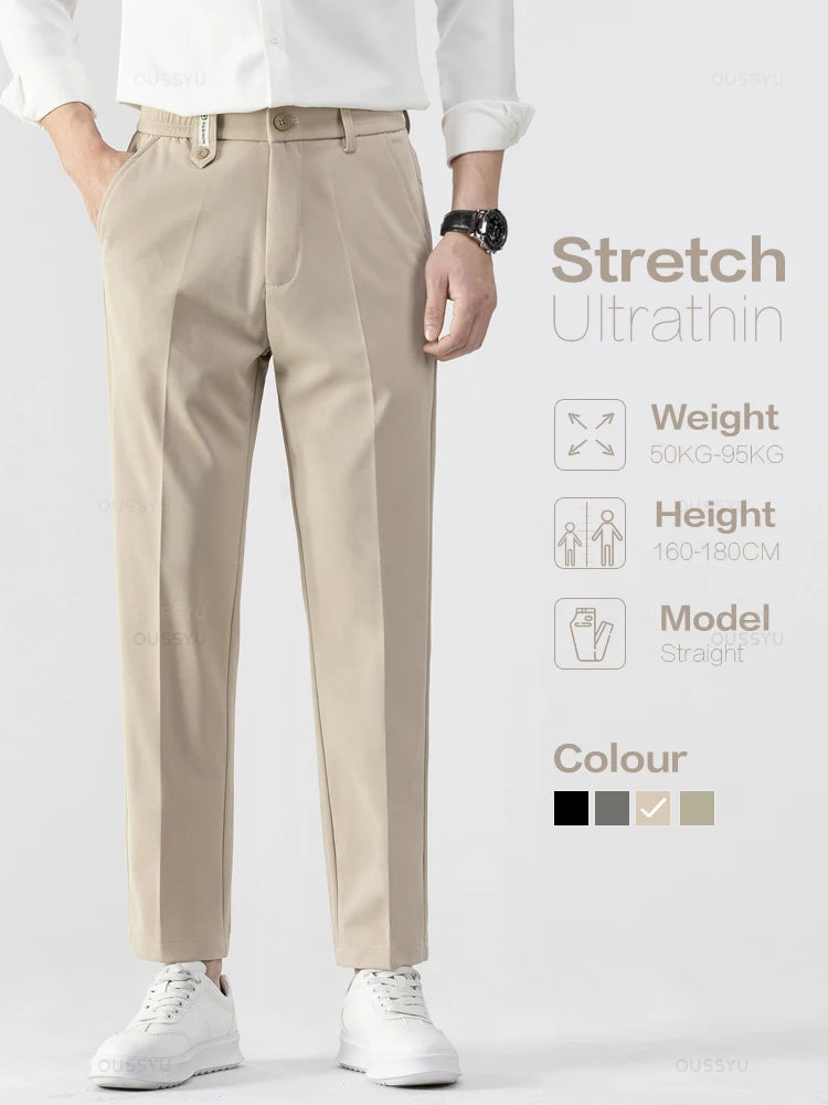 Men's Ankle-Length Straight Leg Trousers | Elastic Waist | Sash Detail | Midweight | All Season | Smart Casual
