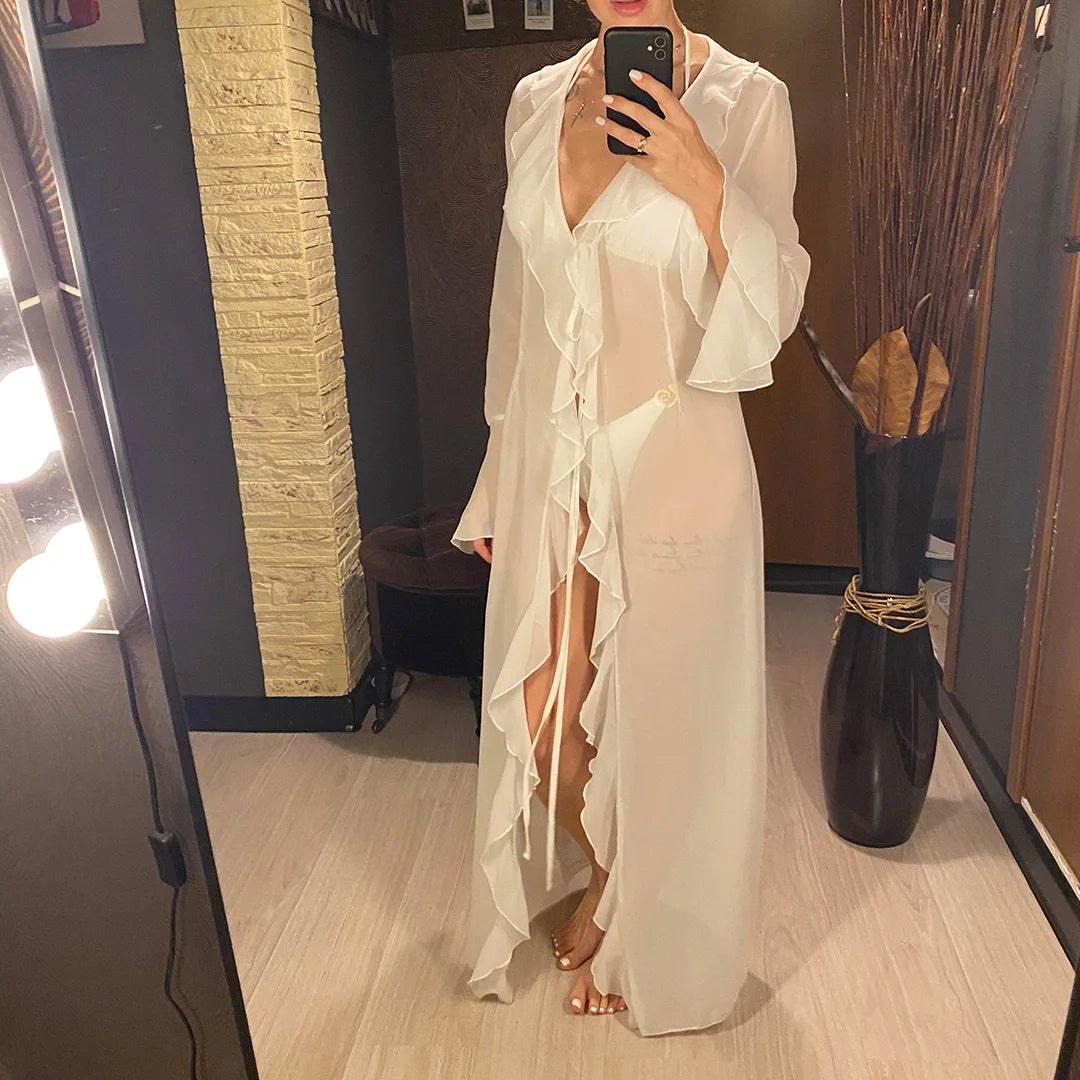 V Neck Ruffled Long Sleeve Chiffon Beach Cover Up Dress