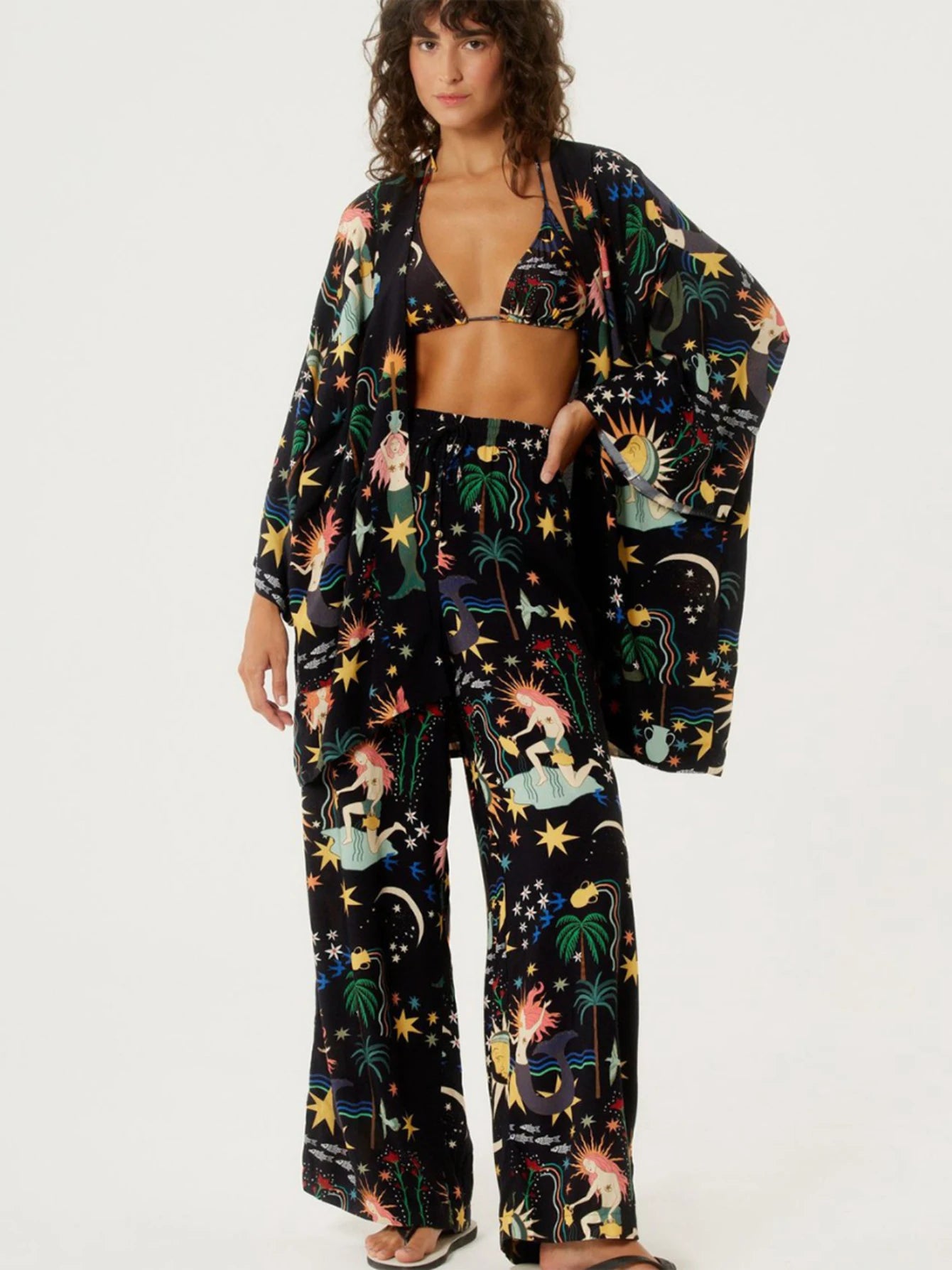 Women's Strapless Tie-Flower Crop Top & High Waist Wide Leg Trousers Set