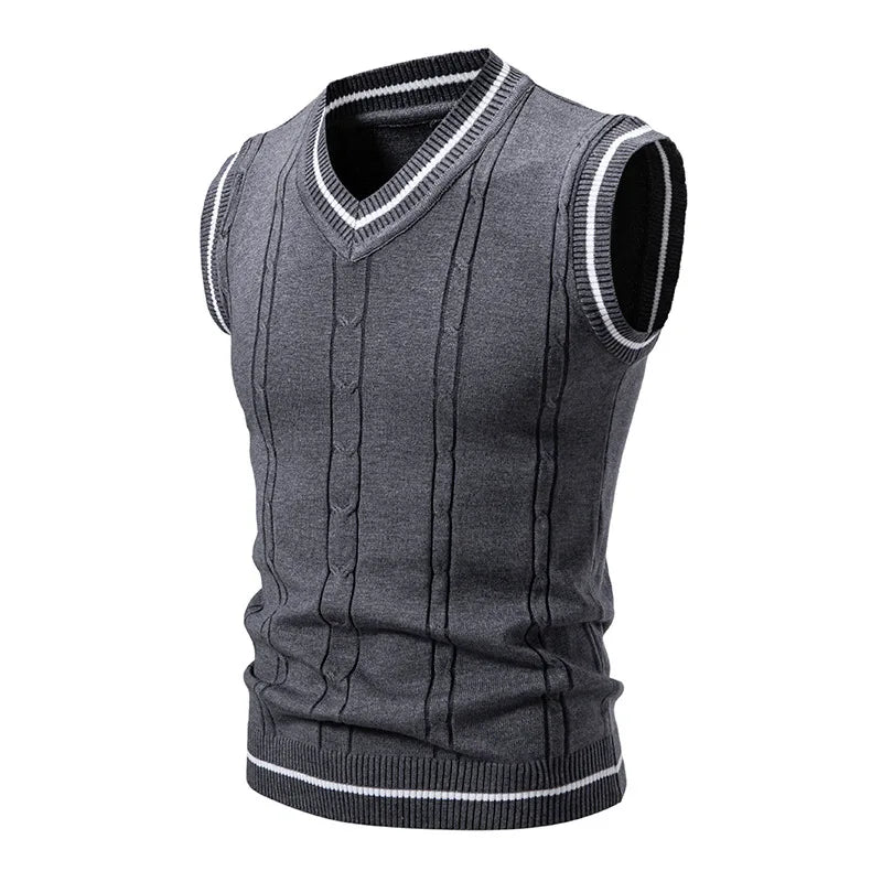 Men's V-Neck Knit Vest - Slim Fit Sleeveless Patchwork Sweater Vest for Autumn Winter