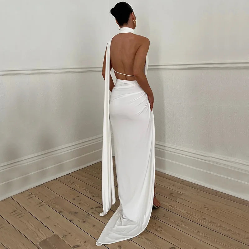 Women's Cut Out Backless Maxi Dress - Sleeveless Halter Asymmetrical Slit Dress